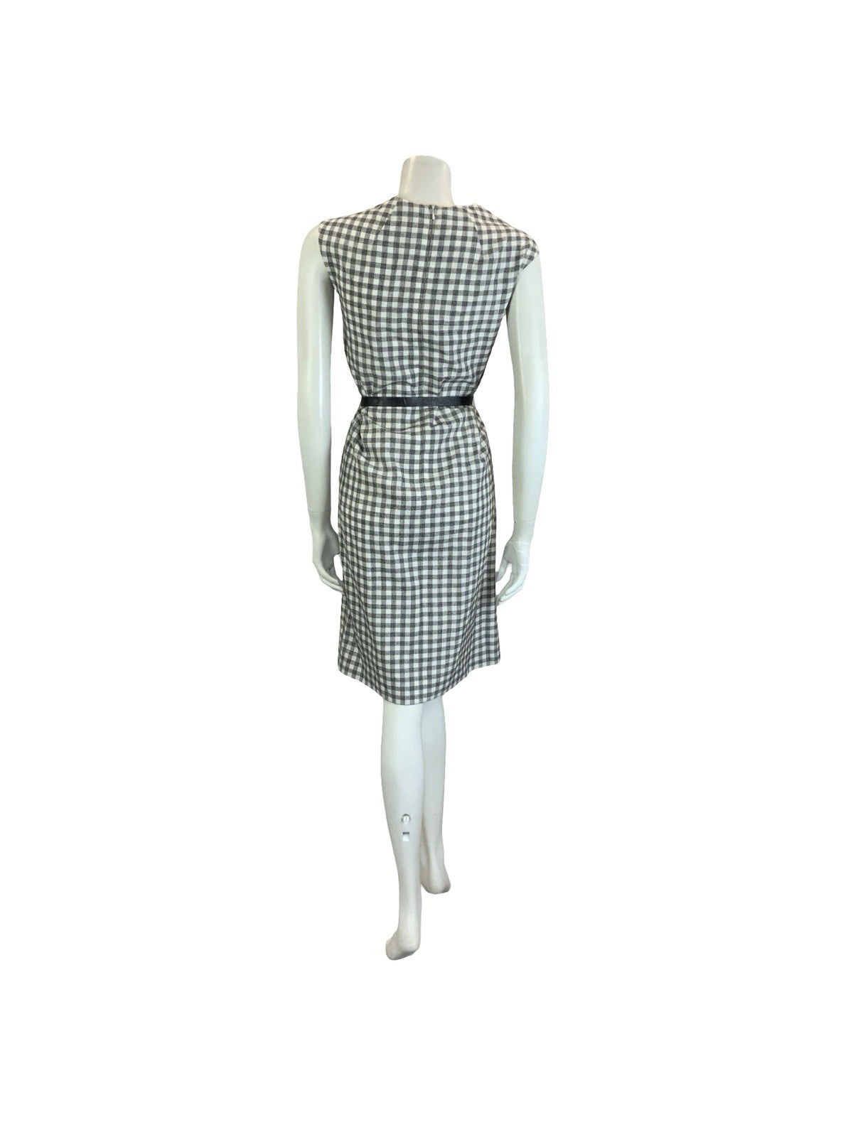 VTG 60S 70S GREY WHITE BLACK SECRETARY GINGHAM BELTED MOD SHIFT DRESS 10