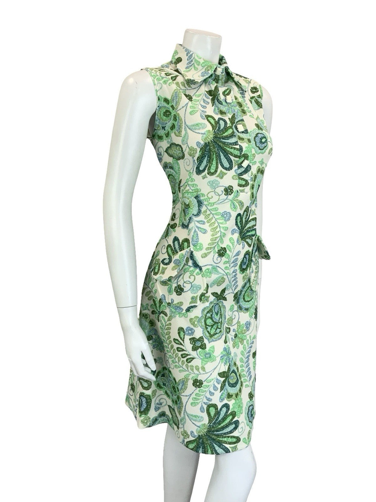 VTG 60S 70S GREEN CREAM PSYCHEDELIC LEAFY DOG EAR COLLAR SHIFT SHIRT DRESS 14