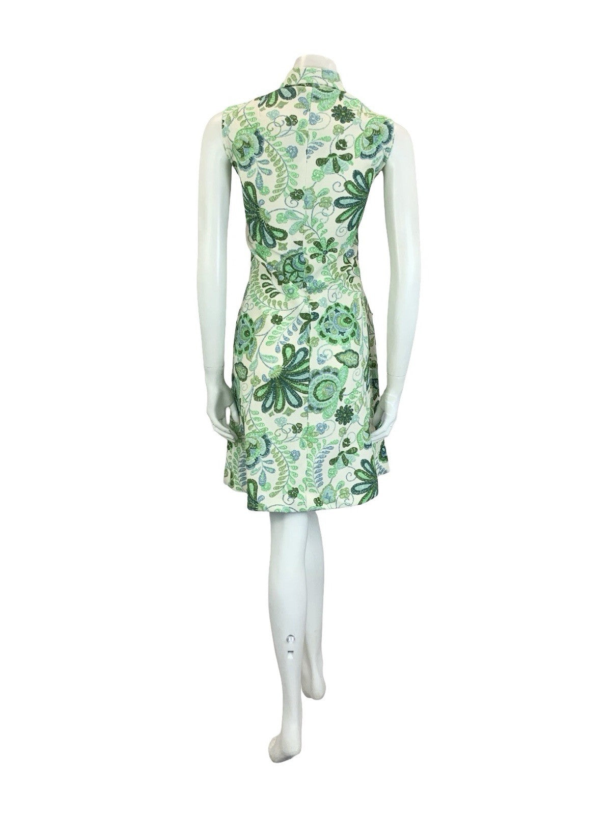 VTG 60S 70S GREEN CREAM PSYCHEDELIC LEAFY DOG EAR COLLAR SHIFT SHIRT DRESS 14