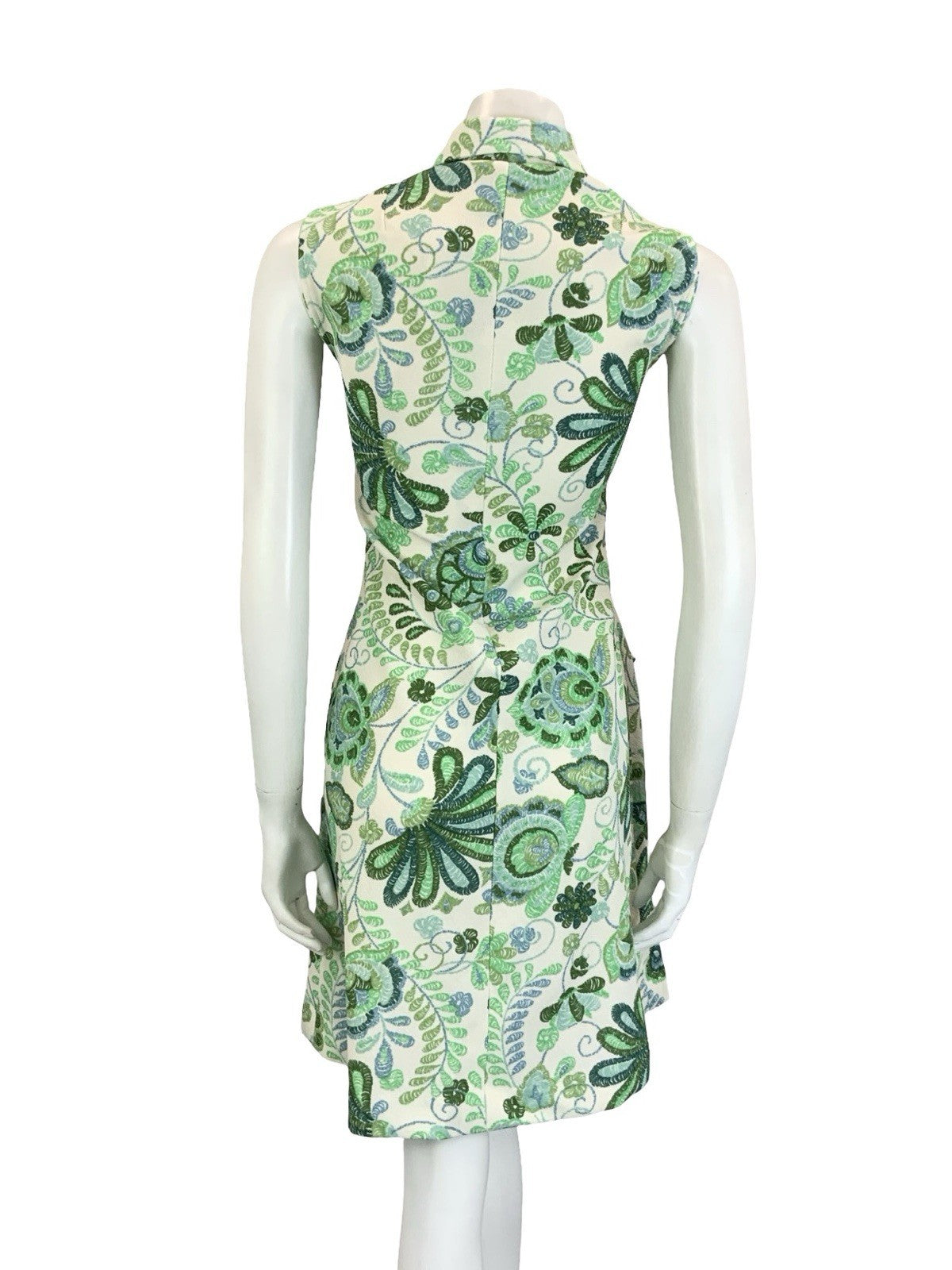 VTG 60S 70S GREEN CREAM PSYCHEDELIC LEAFY DOG EAR COLLAR SHIFT SHIRT DRESS 14