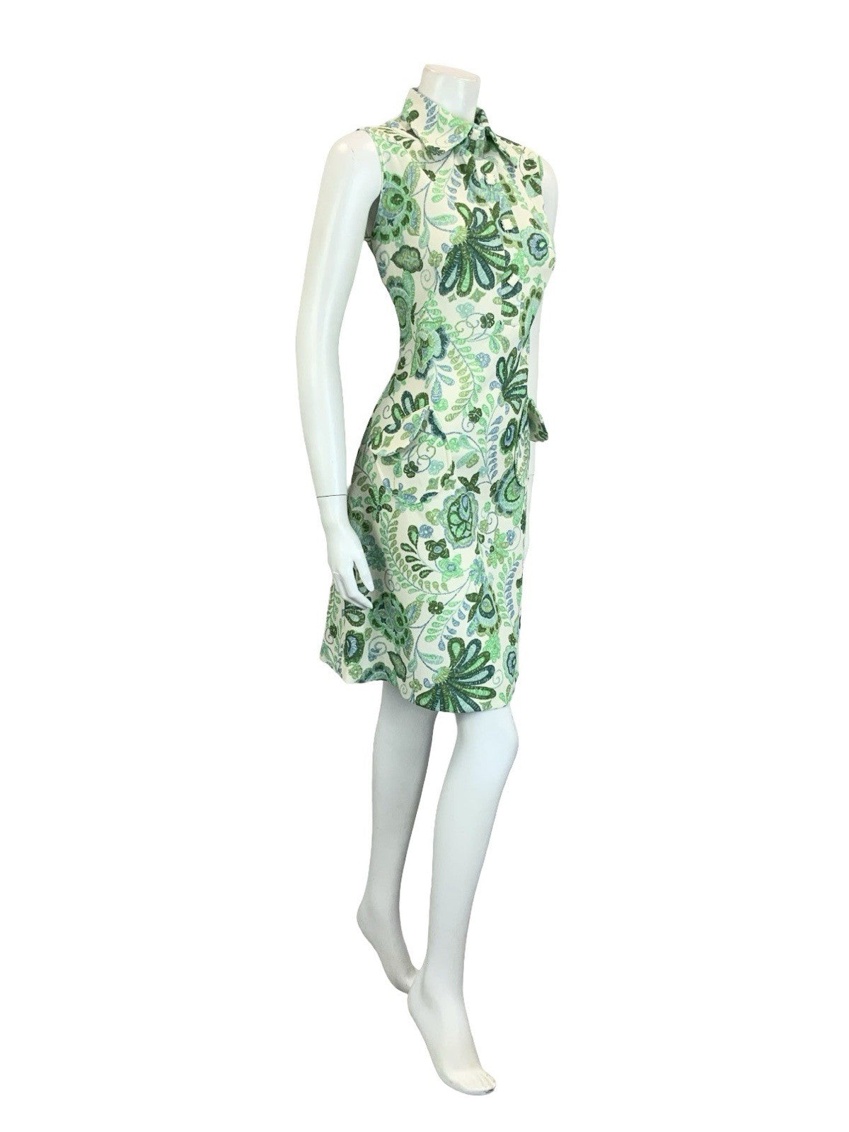 VTG 60S 70S GREEN CREAM PSYCHEDELIC LEAFY DOG EAR COLLAR SHIFT SHIRT DRESS 14