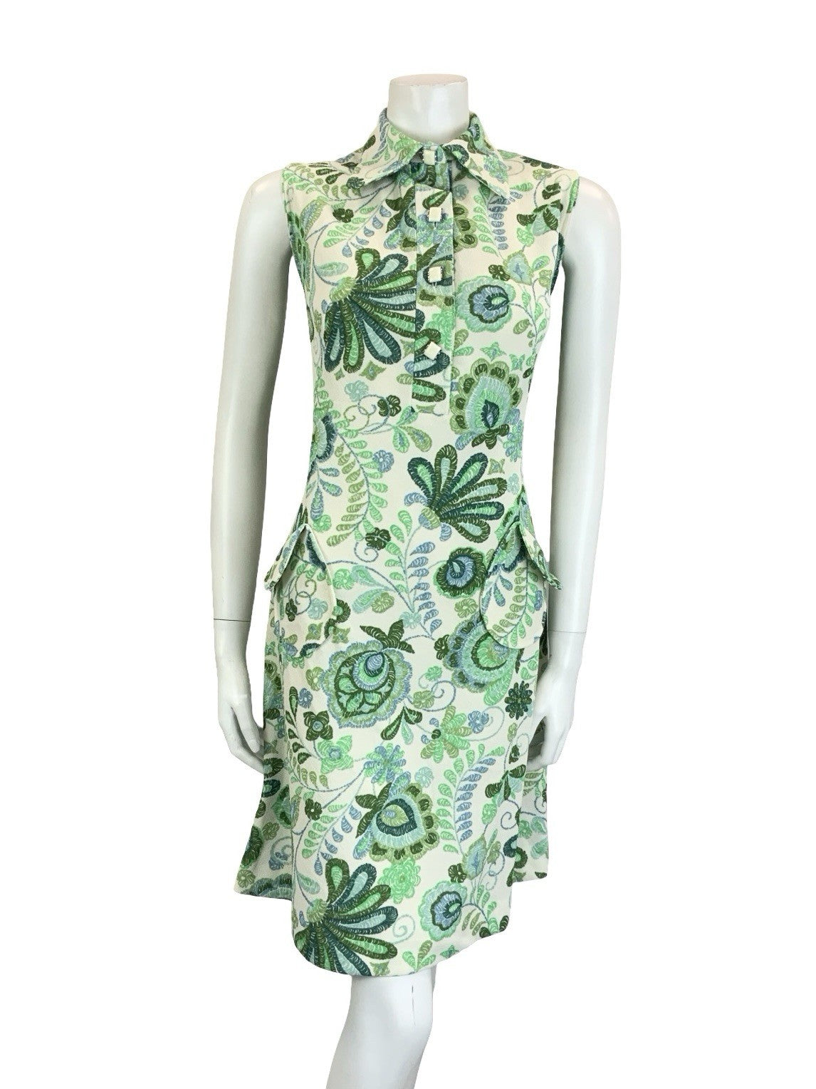VTG 60S 70S GREEN CREAM PSYCHEDELIC LEAFY DOG EAR COLLAR SHIFT SHIRT DRESS 14