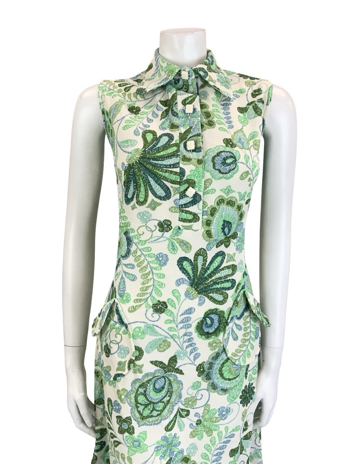 VTG 60S 70S GREEN CREAM PSYCHEDELIC LEAFY DOG EAR COLLAR SHIFT SHIRT DRESS 14