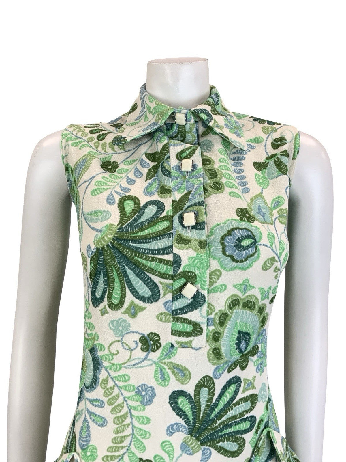 VTG 60S 70S GREEN CREAM PSYCHEDELIC LEAFY DOG EAR COLLAR SHIFT SHIRT DRESS 14