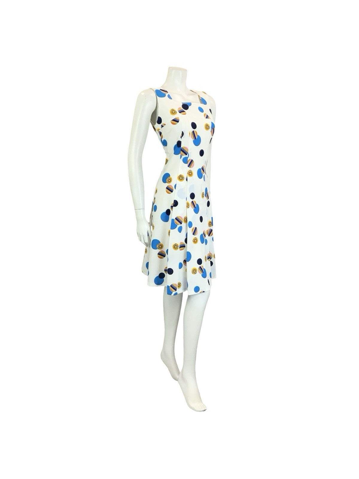 VTG 60S 70S WHITE BLUE YELLOW GEOMETRIC DOTTY PLEATED SQUARE NECK DRESS 12