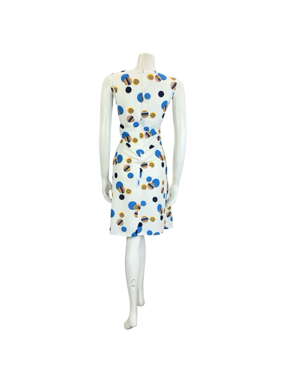 VTG 60S 70S WHITE BLUE YELLOW GEOMETRIC DOTTY PLEATED SQUARE NECK DRESS 12