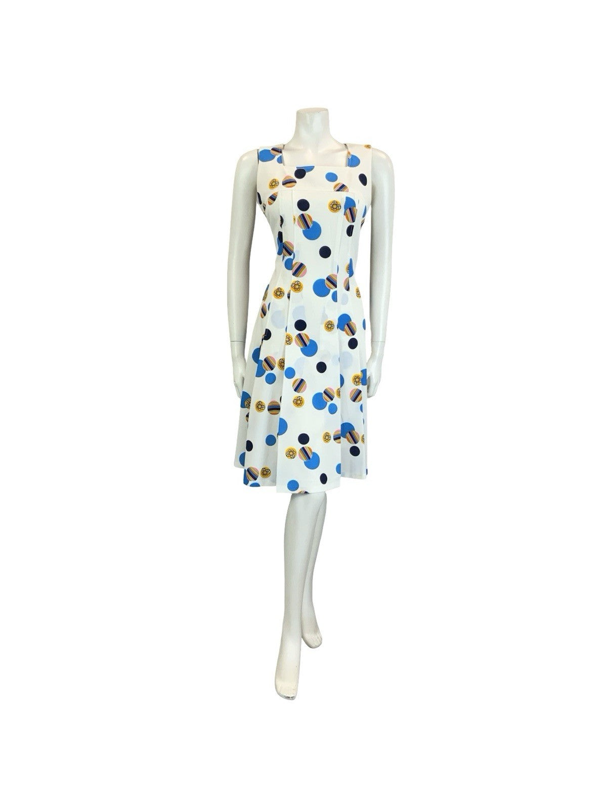 VTG 60S 70S WHITE BLUE YELLOW GEOMETRIC DOTTY PLEATED SQUARE NECK DRESS 12