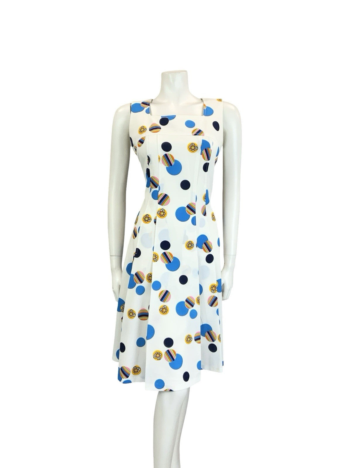 VTG 60S 70S WHITE BLUE YELLOW GEOMETRIC DOTTY PLEATED SQUARE NECK DRESS 12