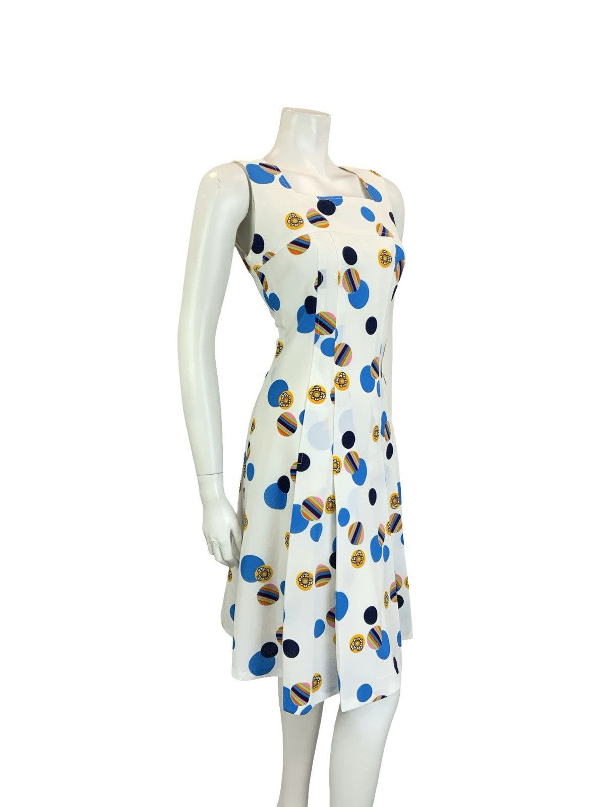 VTG 60S 70S WHITE BLUE YELLOW GEOMETRIC DOTTY PLEATED SQUARE NECK DRESS 12