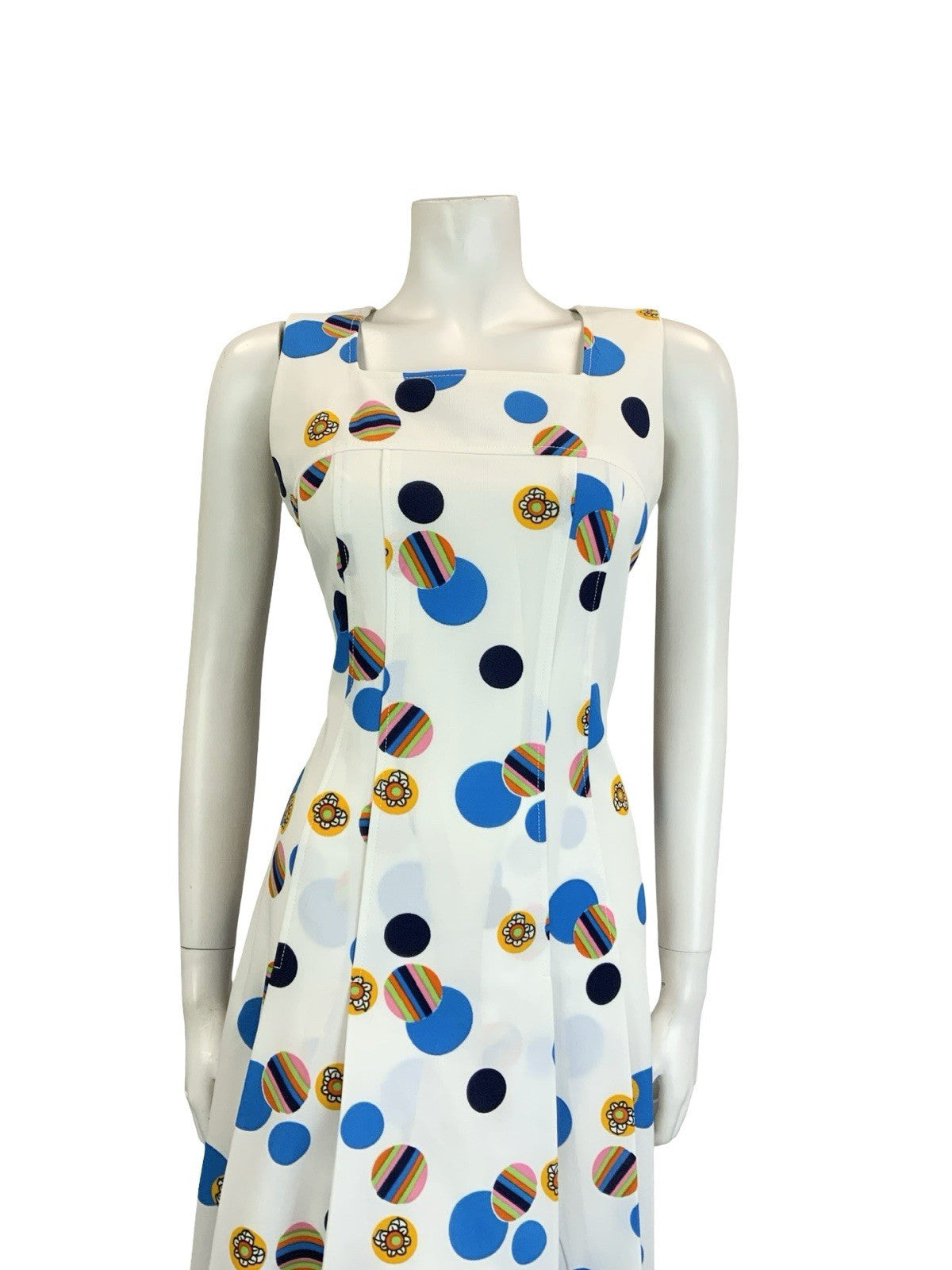 VTG 60S 70S WHITE BLUE YELLOW GEOMETRIC DOTTY PLEATED SQUARE NECK DRESS 12