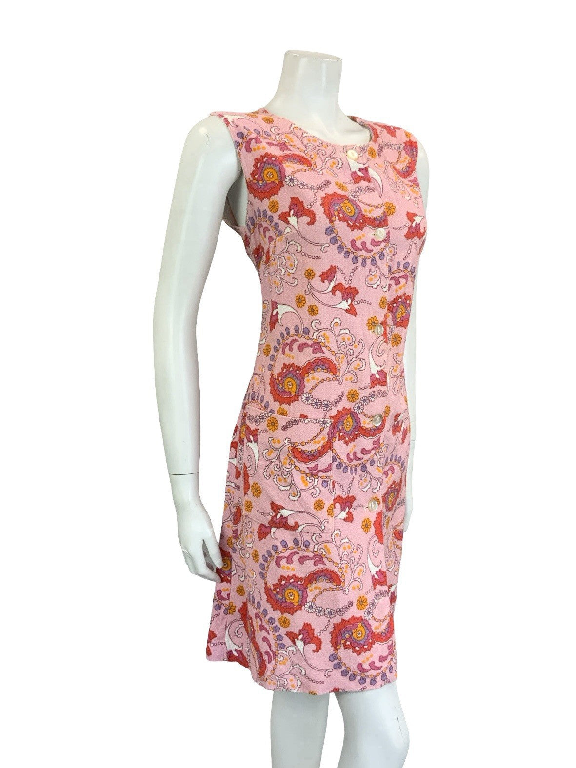 VTG 60S 70S PINK PURPE WHITE ORANGE PSYCHEDELIC SWIRL TOWEL SHIFT DRESS 12
