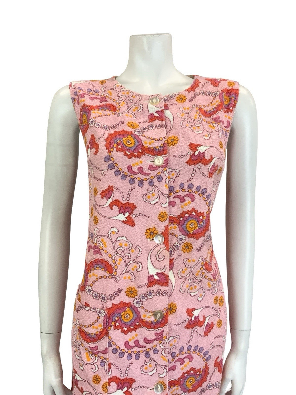 VTG 60S 70S PINK PURPE WHITE ORANGE PSYCHEDELIC SWIRL TOWEL SHIFT DRESS 12
