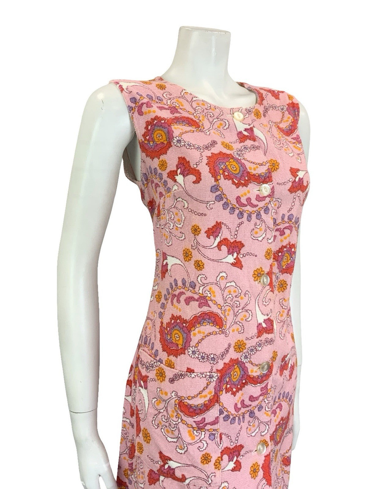 VTG 60S 70S PINK PURPE WHITE ORANGE PSYCHEDELIC SWIRL TOWEL SHIFT DRESS 12