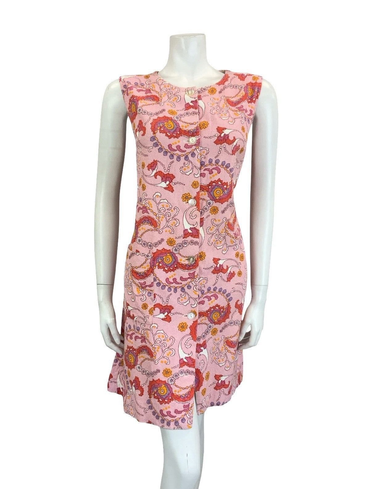 VTG 60S 70S PINK PURPE WHITE ORANGE PSYCHEDELIC SWIRL TOWEL SHIFT DRESS 12