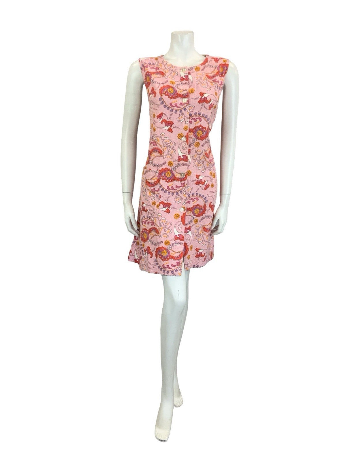 VTG 60S 70S PINK PURPE WHITE ORANGE PSYCHEDELIC SWIRL TOWEL SHIFT DRESS 12