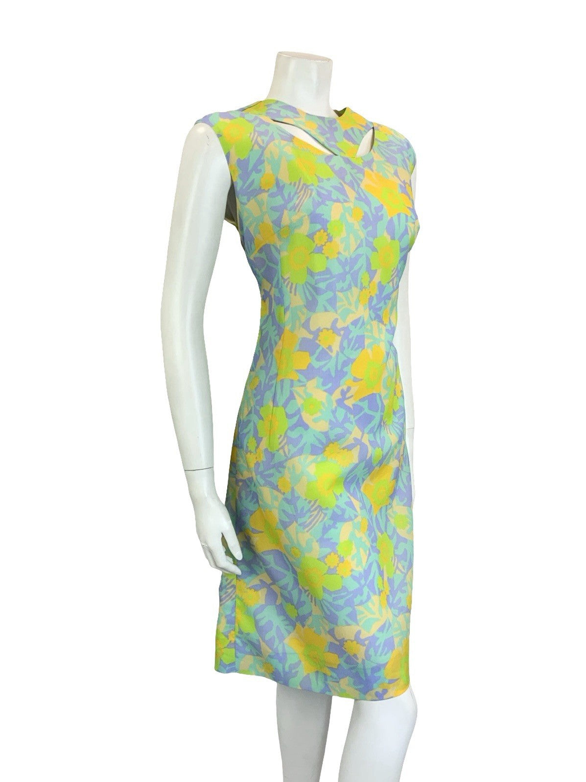 VTG 60S PSYCHEDELIC GREEN YELLOW PURPLE FLORAL LEAF CUT OUT SHIFT DRESS 14 16