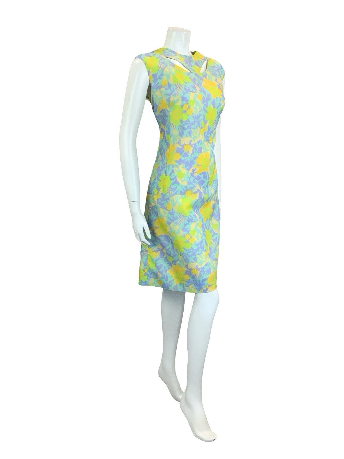 VTG 60S PSYCHEDELIC GREEN YELLOW PURPLE FLORAL LEAF CUT OUT SHIFT DRESS 14 16