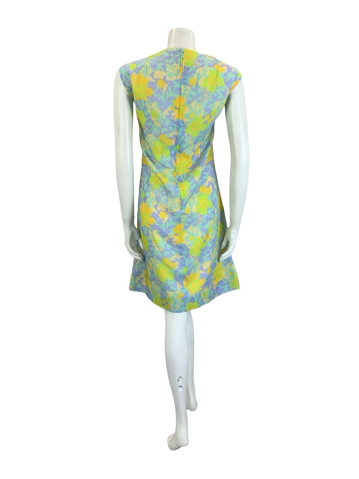 VTG 60S PSYCHEDELIC GREEN YELLOW PURPLE FLORAL LEAF CUT OUT SHIFT DRESS 14 16