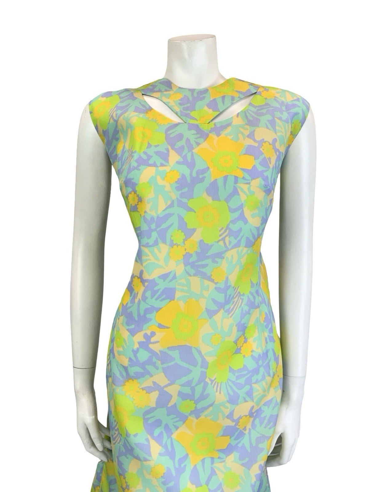 VTG 60S PSYCHEDELIC GREEN YELLOW PURPLE FLORAL LEAF CUT OUT SHIFT DRESS 14 16
