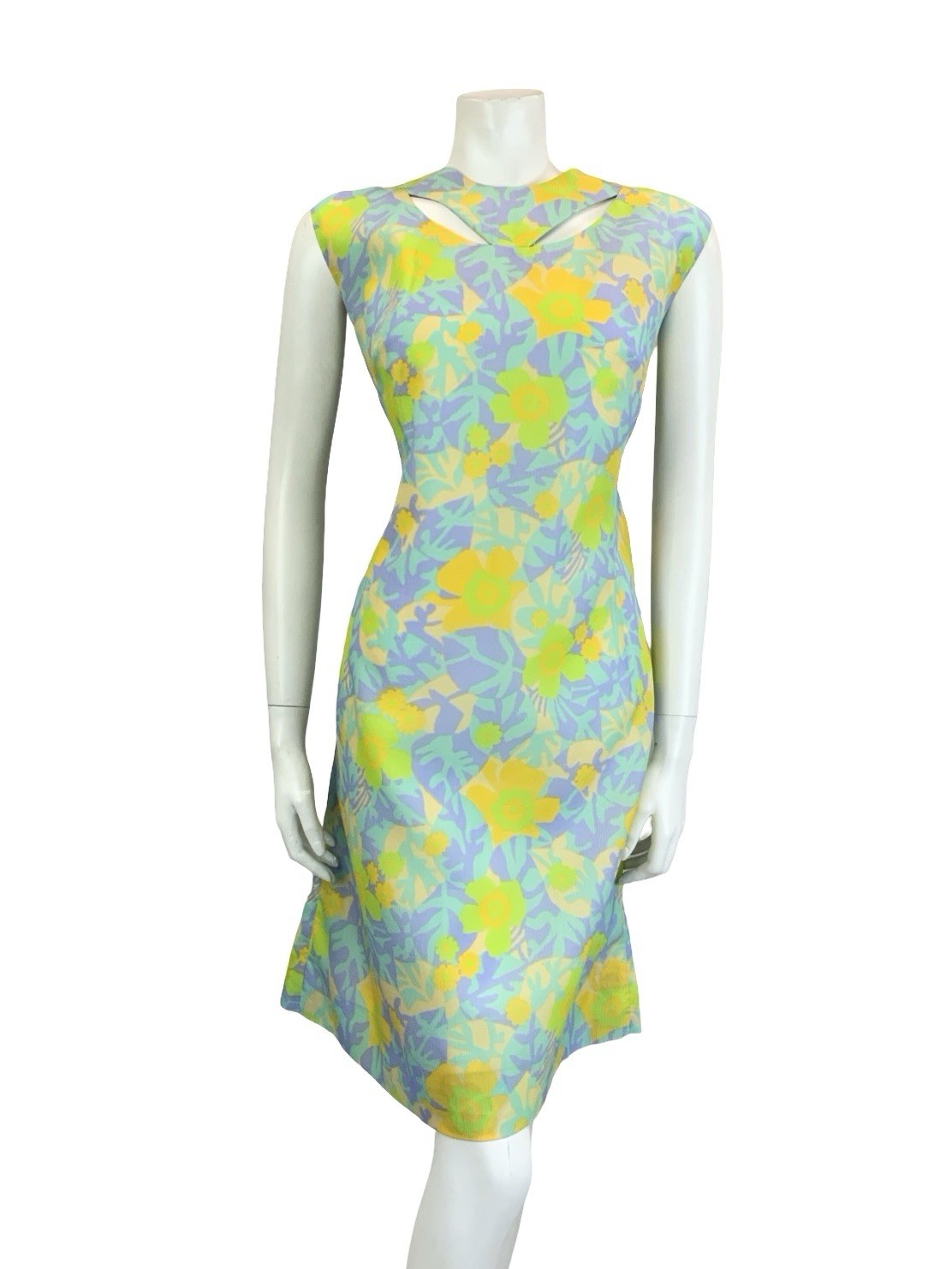 VTG 60S PSYCHEDELIC GREEN YELLOW PURPLE FLORAL LEAF CUT OUT SHIFT DRESS 14 16