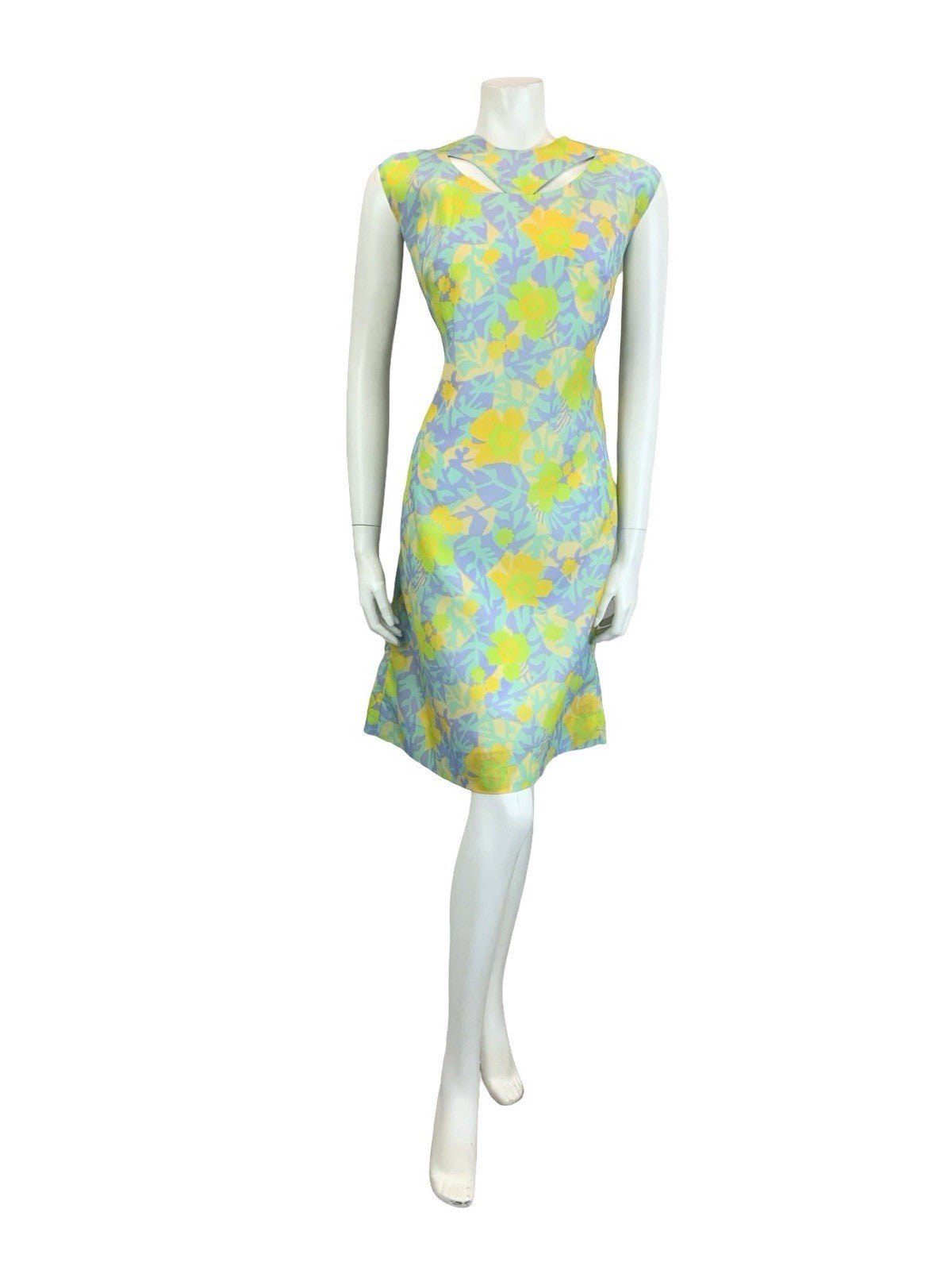 VTG 60S PSYCHEDELIC GREEN YELLOW PURPLE FLORAL LEAF CUT OUT SHIFT DRESS 14 16