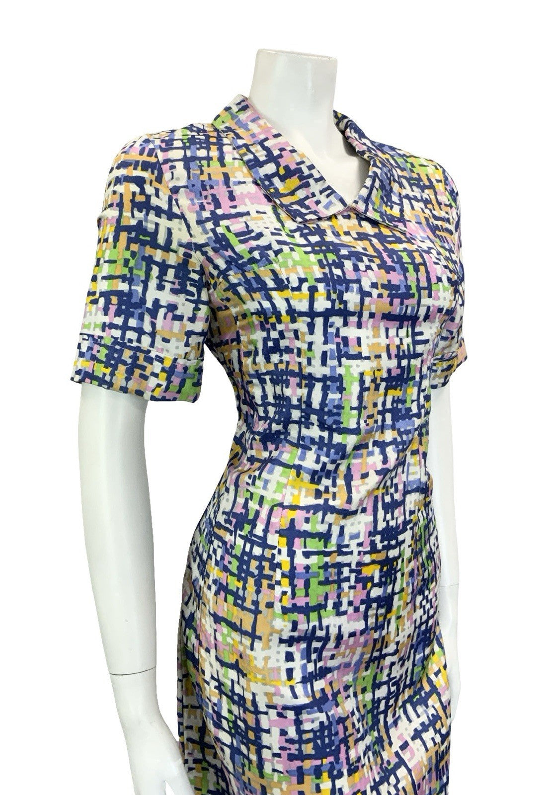 VTG 60S 70S BLUE WHITE PINK YELLOW GREEN GEOMETRIC CROSS HATCH SHIRT DRESS 10