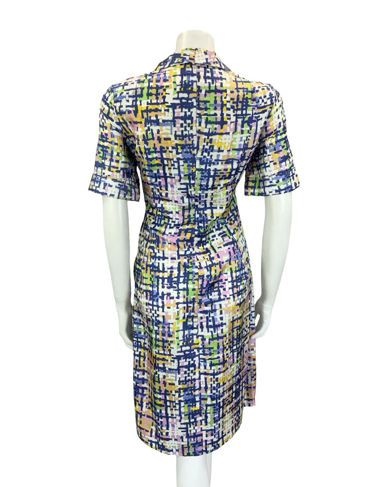 VTG 60S 70S BLUE WHITE PINK YELLOW GREEN GEOMETRIC CROSS HATCH SHIRT DRESS 10