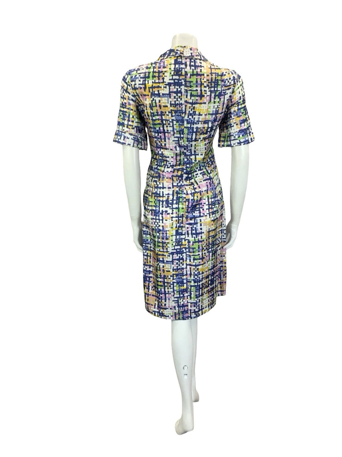 VTG 60S 70S BLUE WHITE PINK YELLOW GREEN GEOMETRIC CROSS HATCH SHIRT DRESS 10