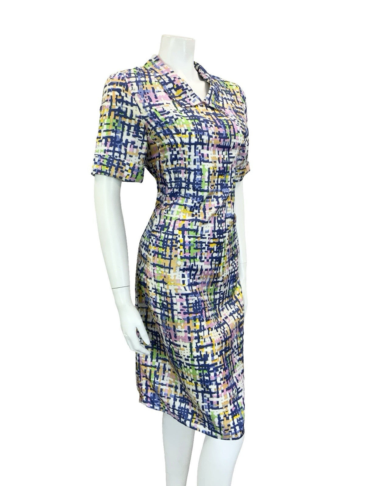 VTG 60S 70S BLUE WHITE PINK YELLOW GREEN GEOMETRIC CROSS HATCH SHIRT DRESS 10