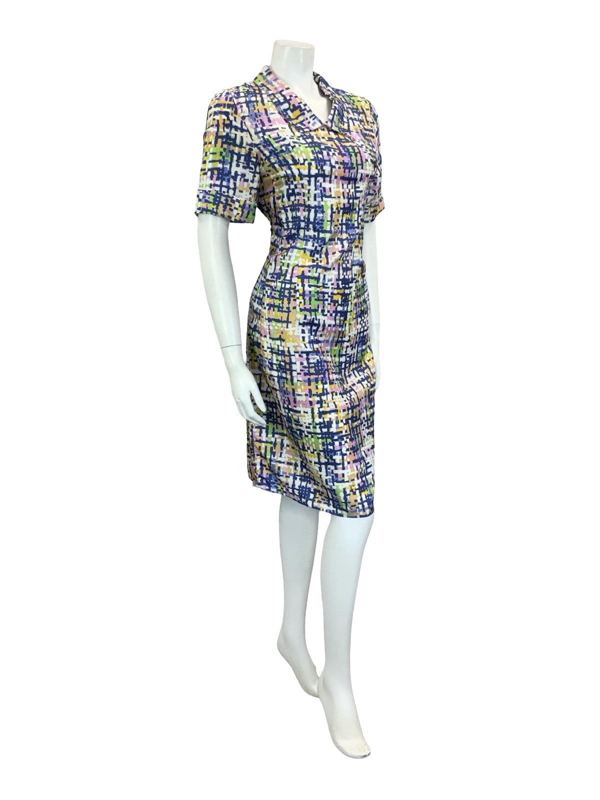 VTG 60S 70S BLUE WHITE PINK YELLOW GREEN GEOMETRIC CROSS HATCH SHIRT DRESS 10