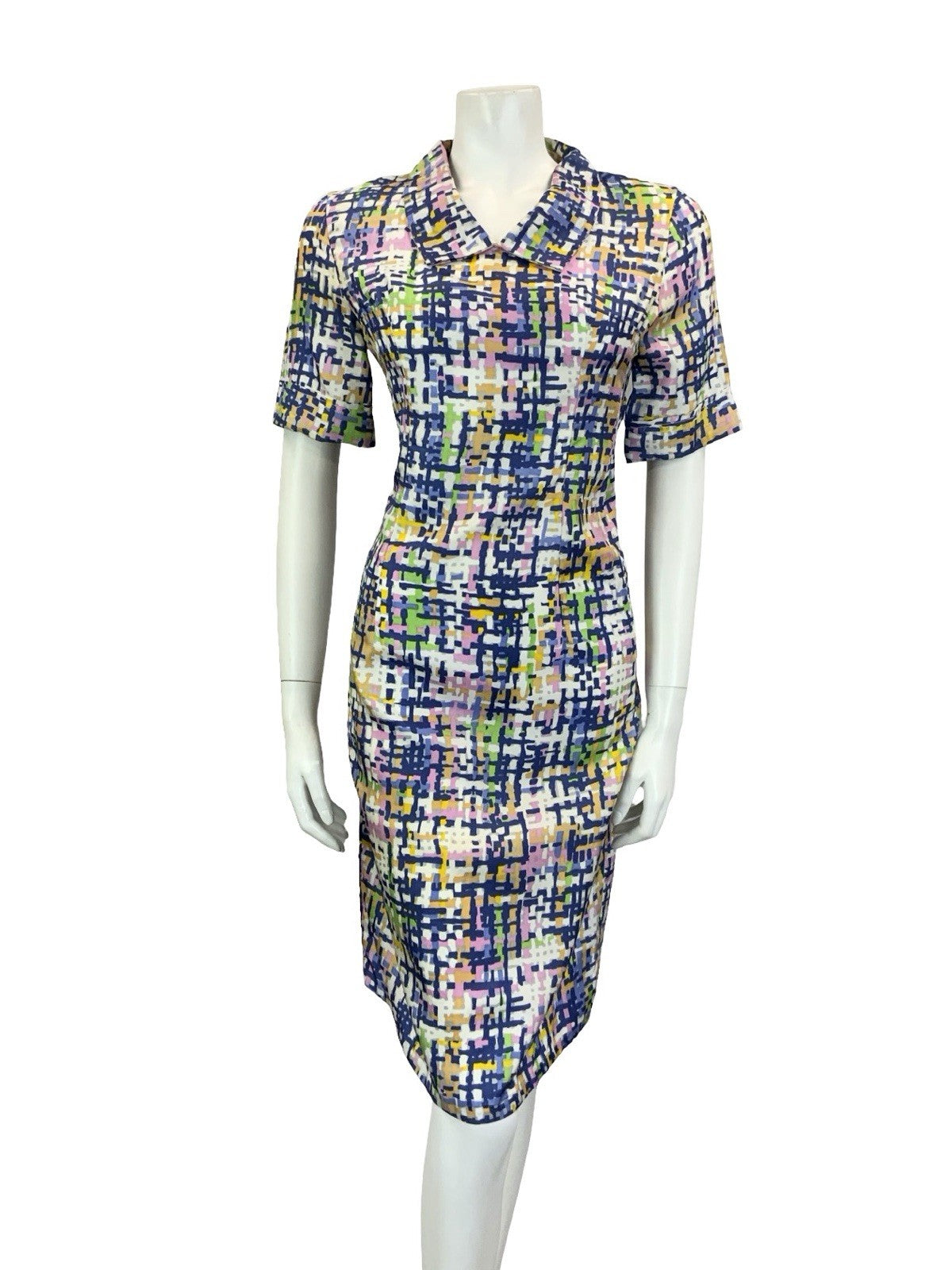VTG 60S 70S BLUE WHITE PINK YELLOW GREEN GEOMETRIC CROSS HATCH SHIRT DRESS 10