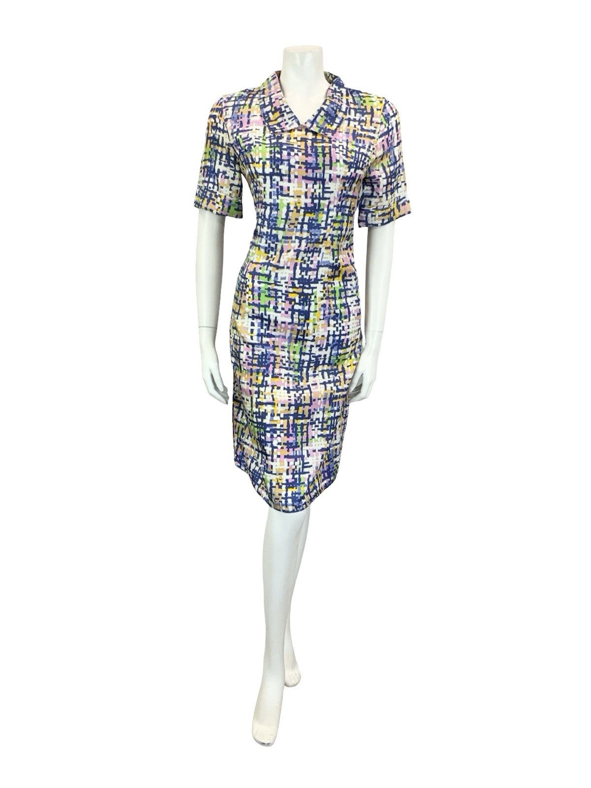 VTG 60S 70S BLUE WHITE PINK YELLOW GREEN GEOMETRIC CROSS HATCH SHIRT DRESS 10