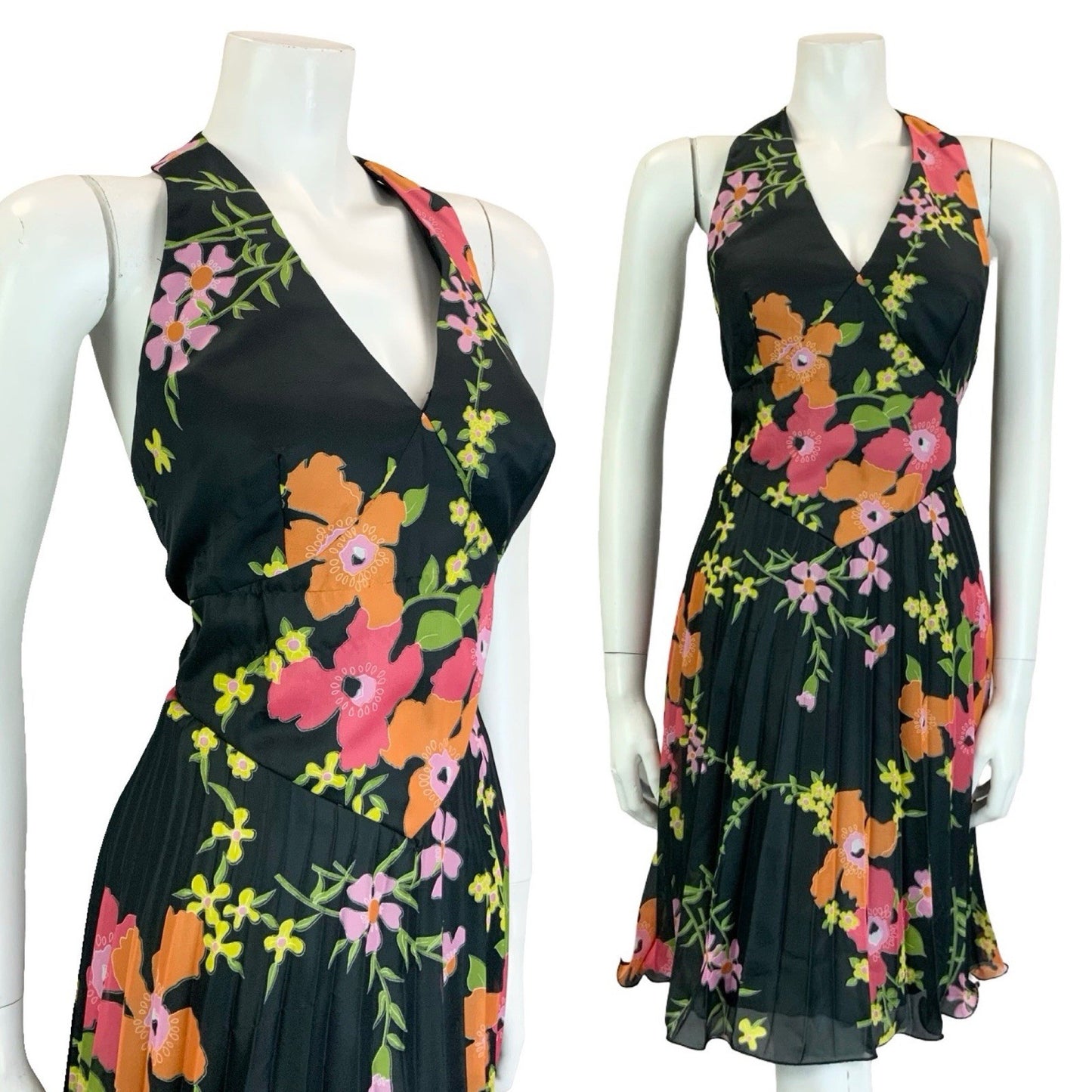 VTG 70S VERA MONT BLACK PINK ORANGE GREEN FLORAL PLEATED HALTER NECK DRESS 8 10