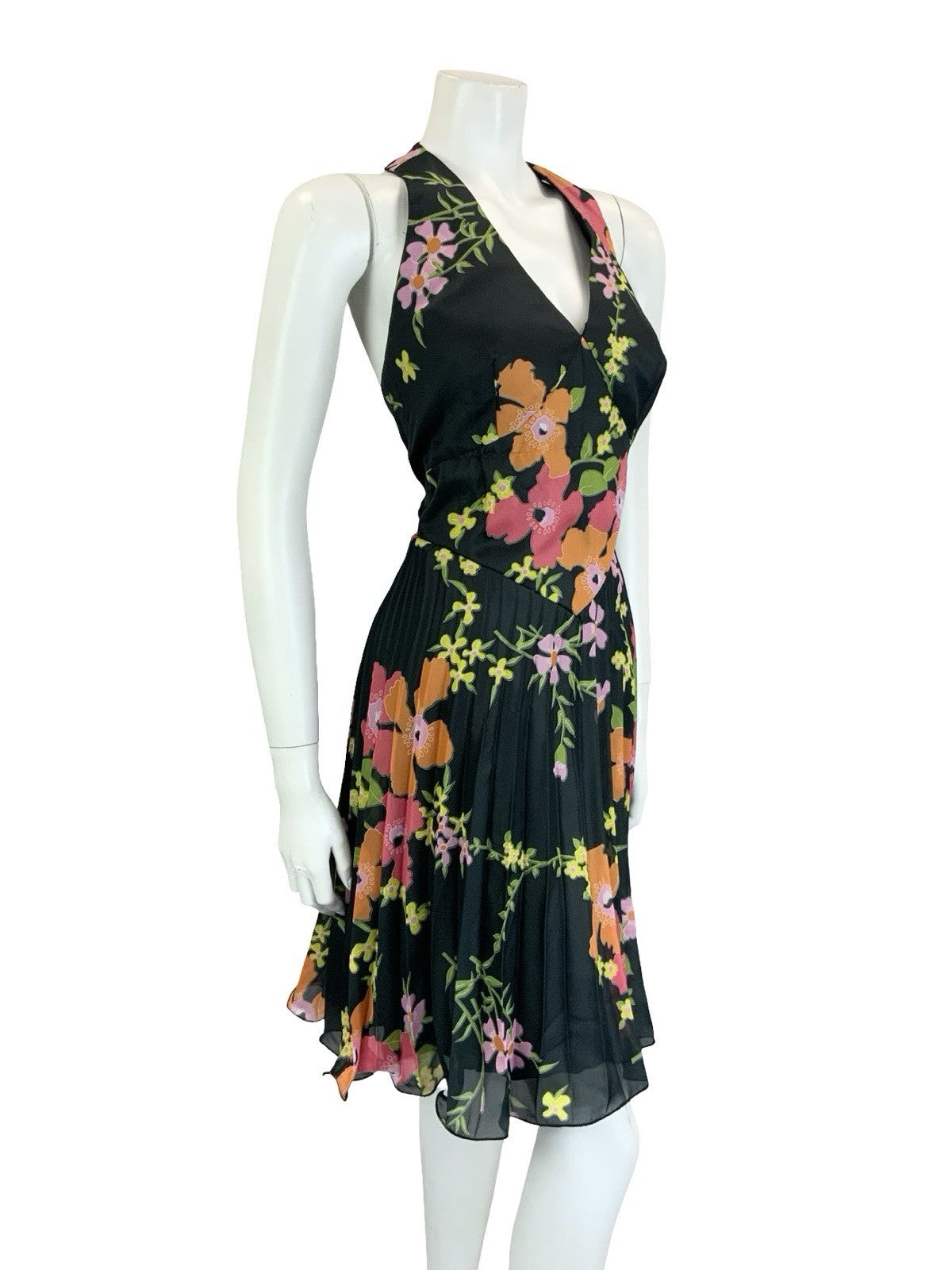 VTG 70S VERA MONT BLACK PINK ORANGE GREEN FLORAL PLEATED HALTER NECK DRESS 8 10