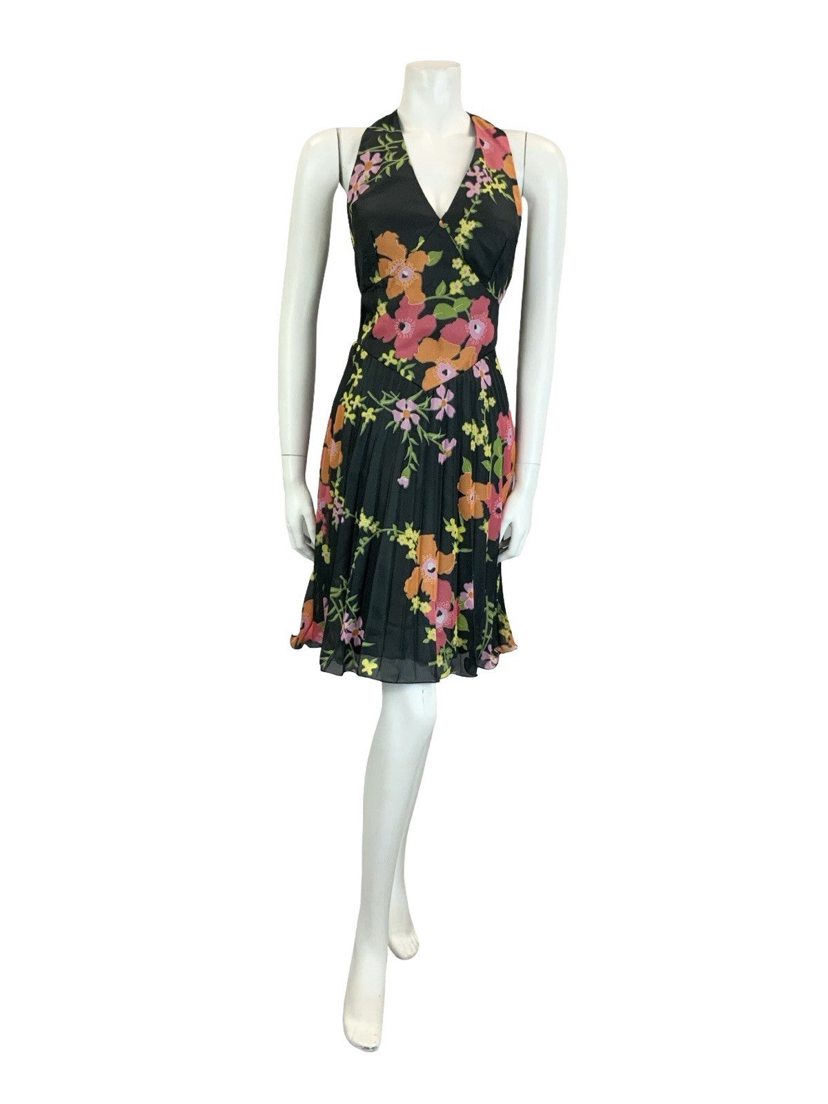 VTG 70S VERA MONT BLACK PINK ORANGE GREEN FLORAL PLEATED HALTER NECK DRESS 8 10