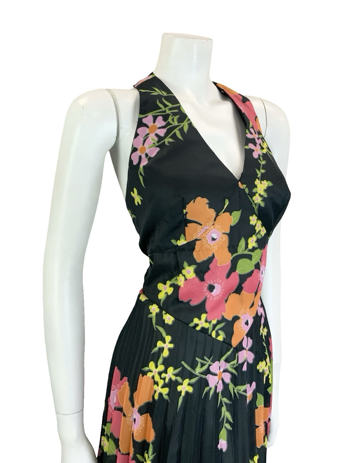 VTG 70S VERA MONT BLACK PINK ORANGE GREEN FLORAL PLEATED HALTER NECK DRESS 8 10