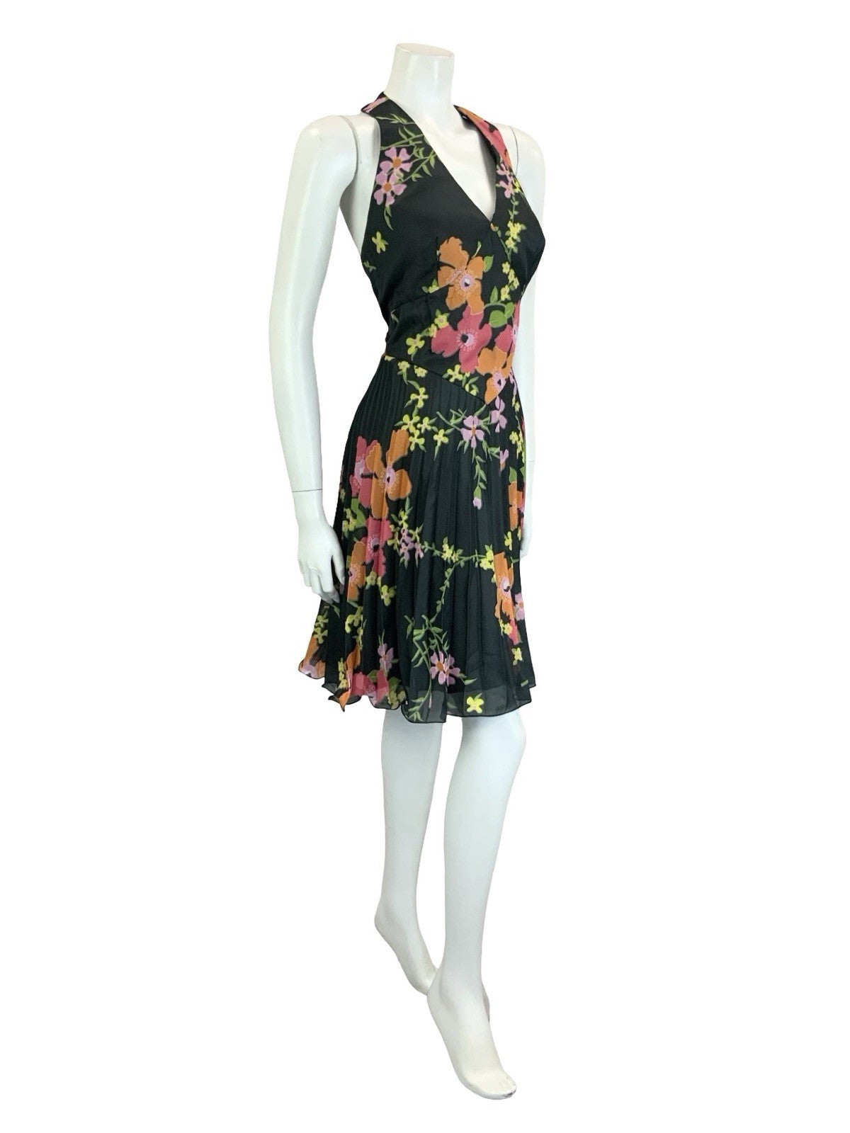 VTG 70S VERA MONT BLACK PINK ORANGE GREEN FLORAL PLEATED HALTER NECK DRESS 8 10