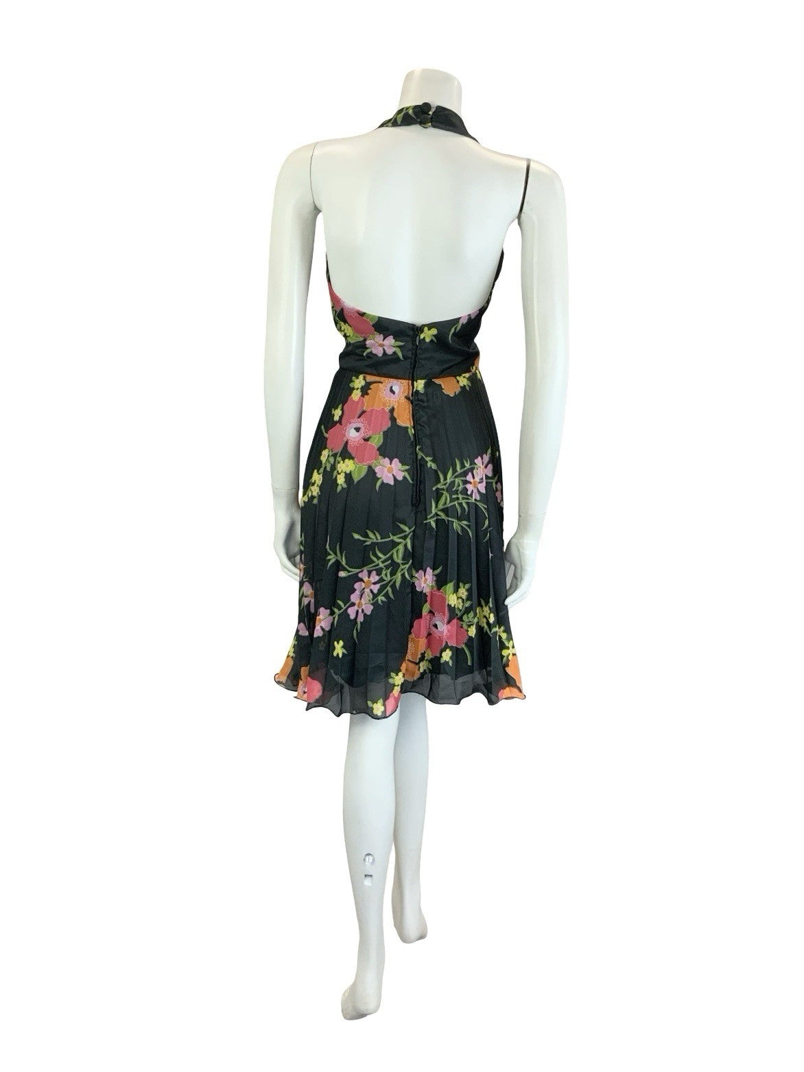 VTG 70S VERA MONT BLACK PINK ORANGE GREEN FLORAL PLEATED HALTER NECK DRESS 8 10