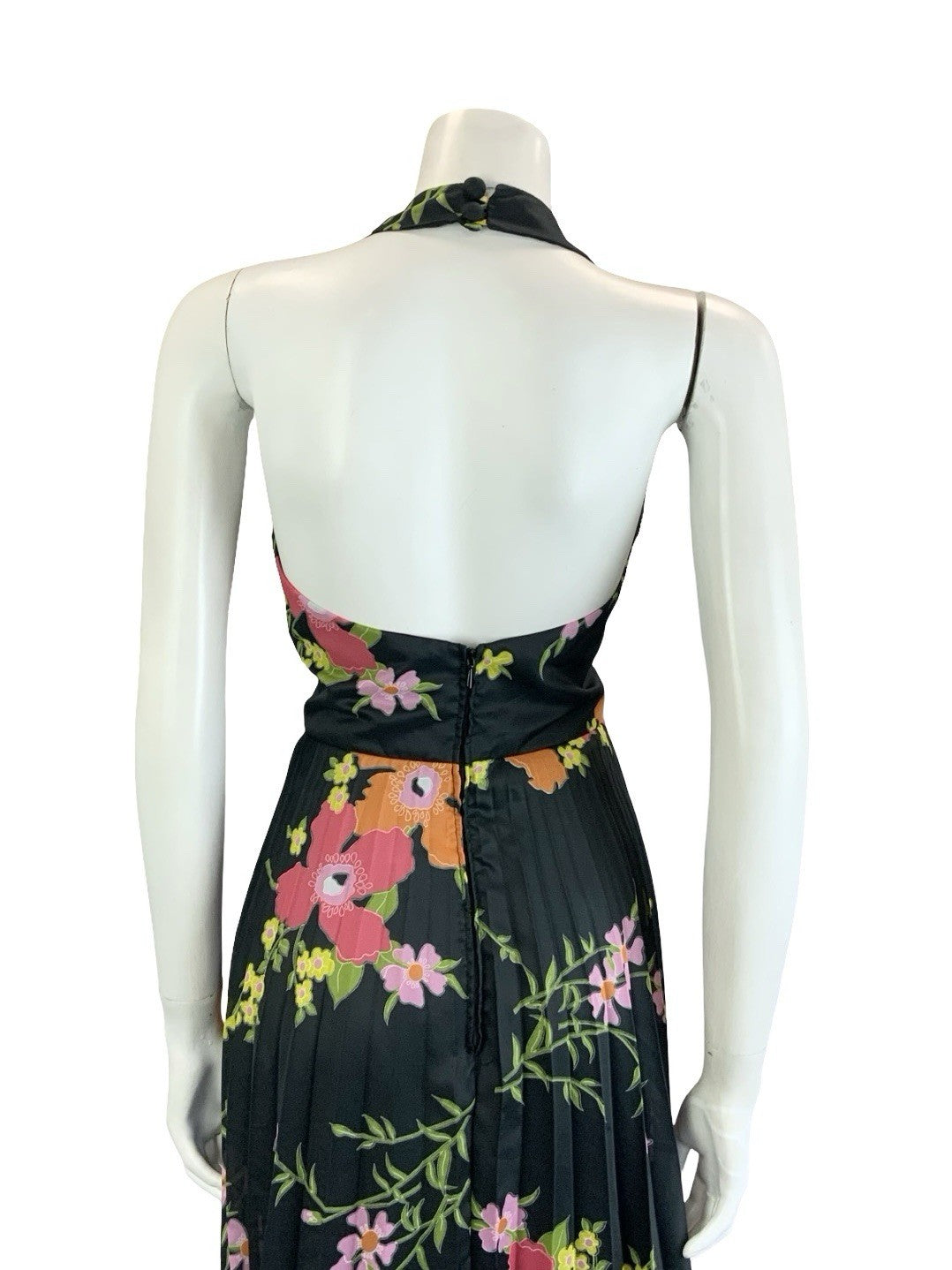 VTG 70S VERA MONT BLACK PINK ORANGE GREEN FLORAL PLEATED HALTER NECK DRESS 8 10