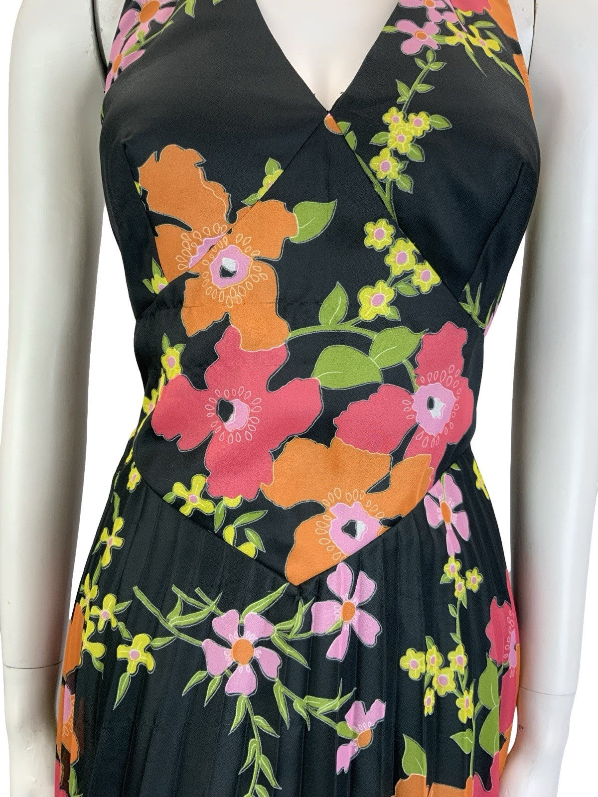 VTG 70S VERA MONT BLACK PINK ORANGE GREEN FLORAL PLEATED HALTER NECK DRESS 8 10