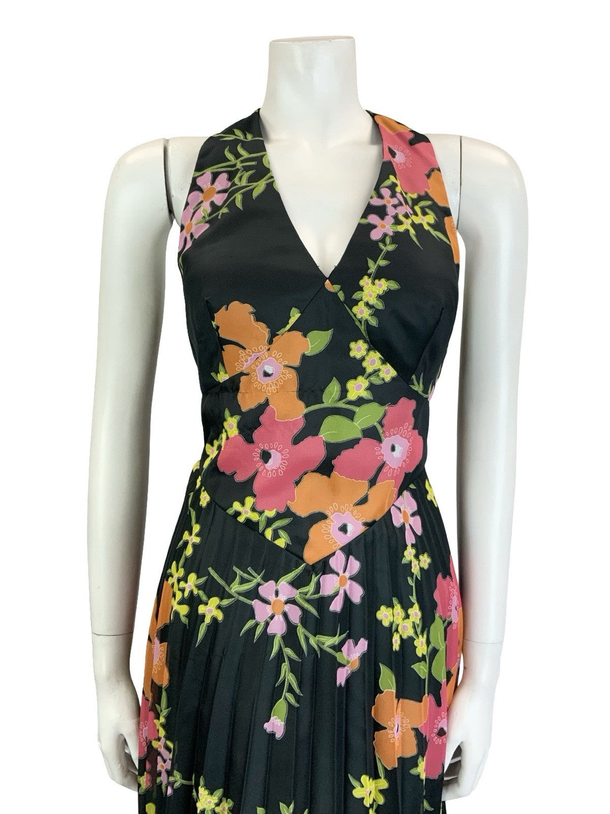 VTG 70S VERA MONT BLACK PINK ORANGE GREEN FLORAL PLEATED HALTER NECK DRESS 8 10