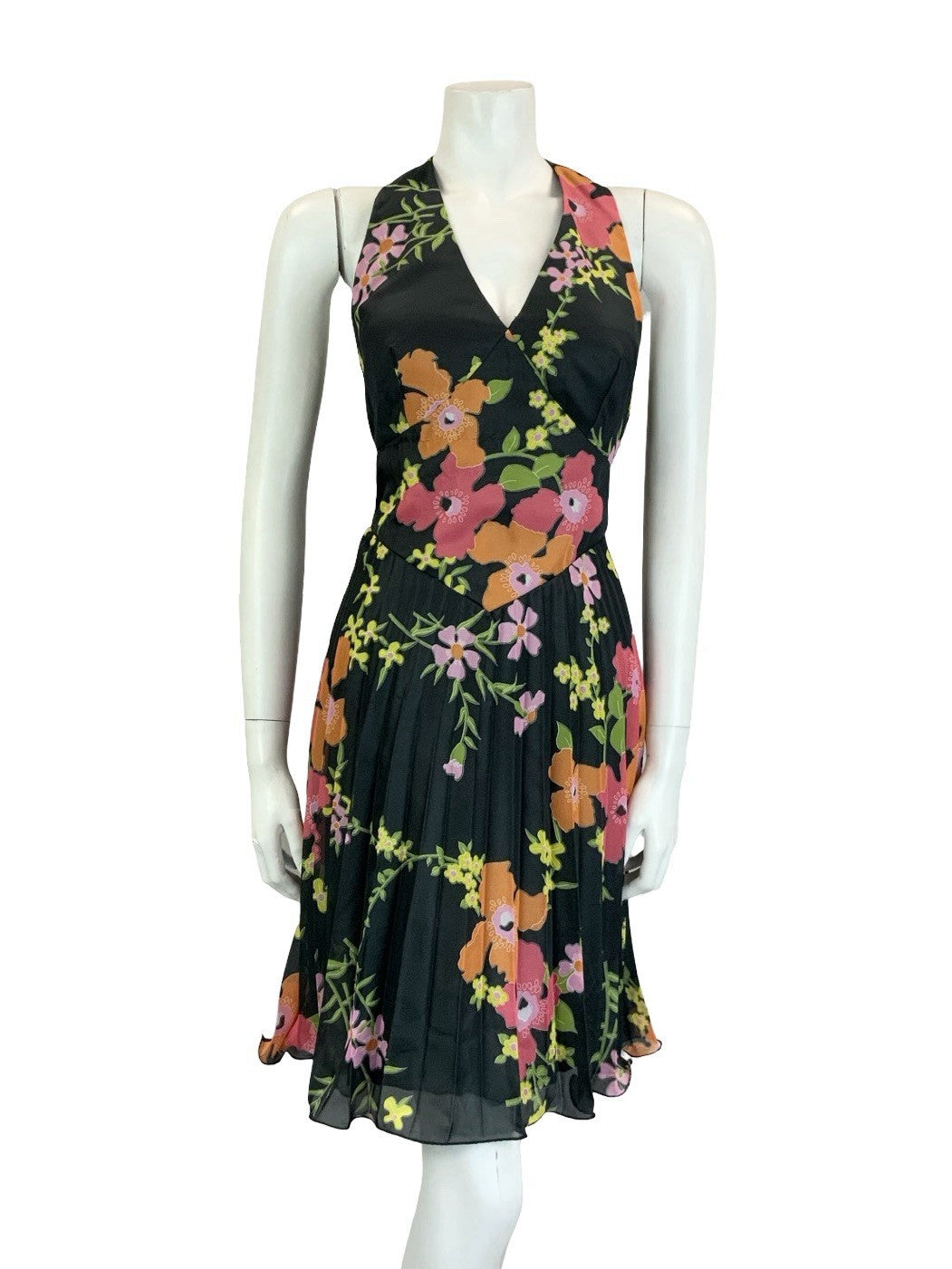 VTG 70S VERA MONT BLACK PINK ORANGE GREEN FLORAL PLEATED HALTER NECK DRESS 8 10