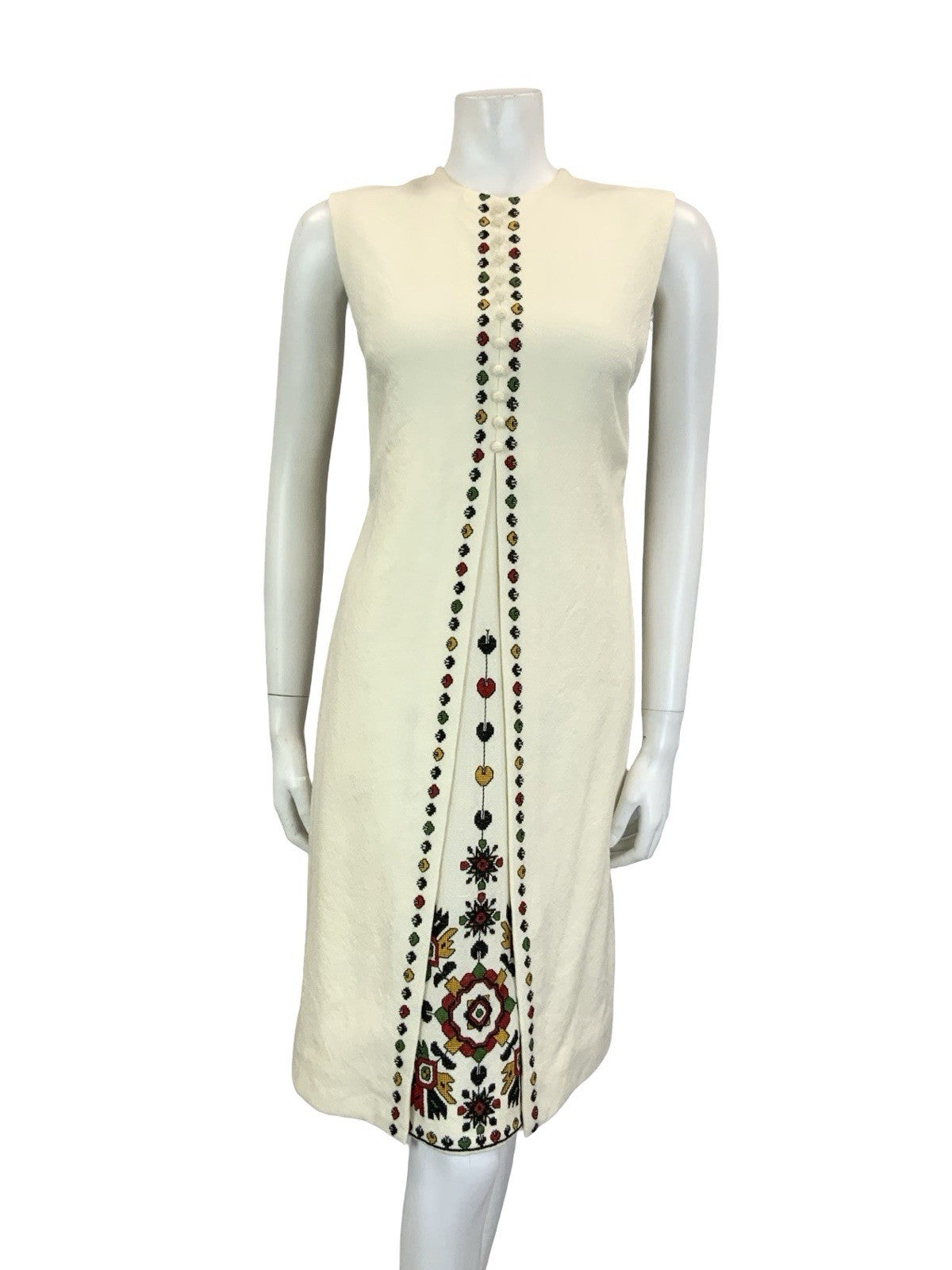 VTG 70S CREAM BLACK RED GREEN NARODNA RADINOST FOLK EMBROIDERED SHIFT DRESS 10