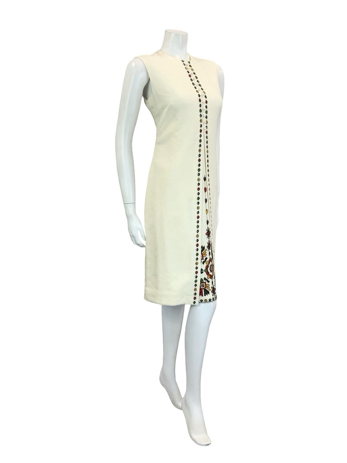 VTG 70S CREAM BLACK RED GREEN NARODNA RADINOST FOLK EMBROIDERED SHIFT DRESS 10