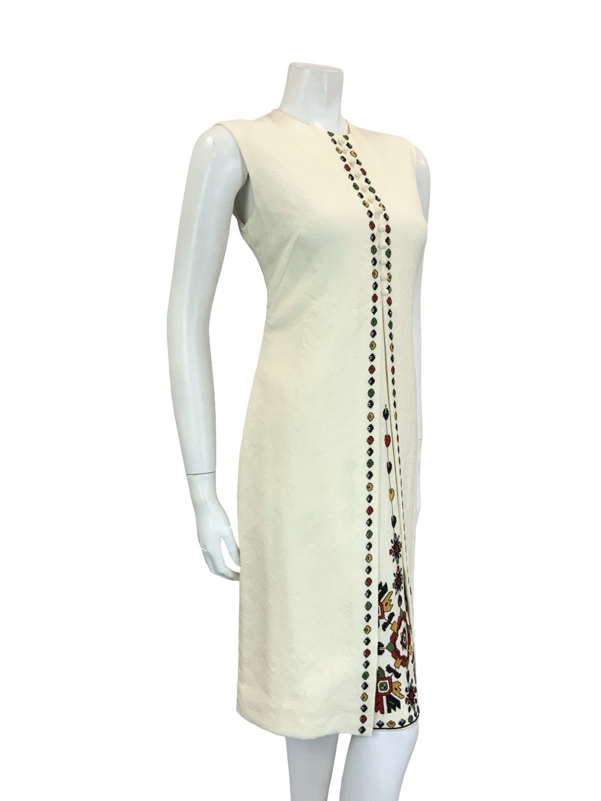 VTG 70S CREAM BLACK RED GREEN NARODNA RADINOST FOLK EMBROIDERED SHIFT DRESS 10