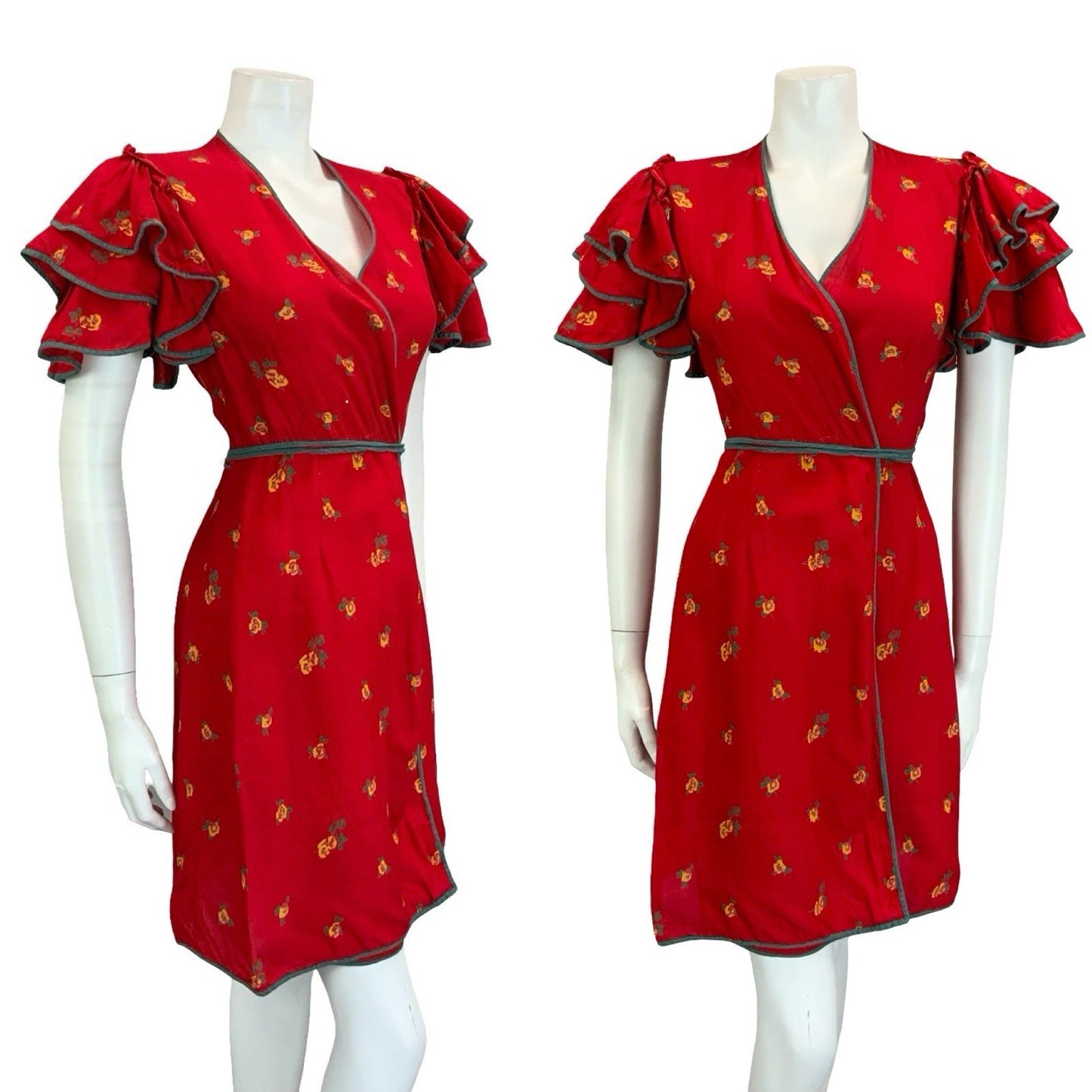 VTG 70S BOHO RED GREEN YELLOW ROSE FLORAL RUFFLE FLAMENCO SLEEVE WRAP DRESS 10