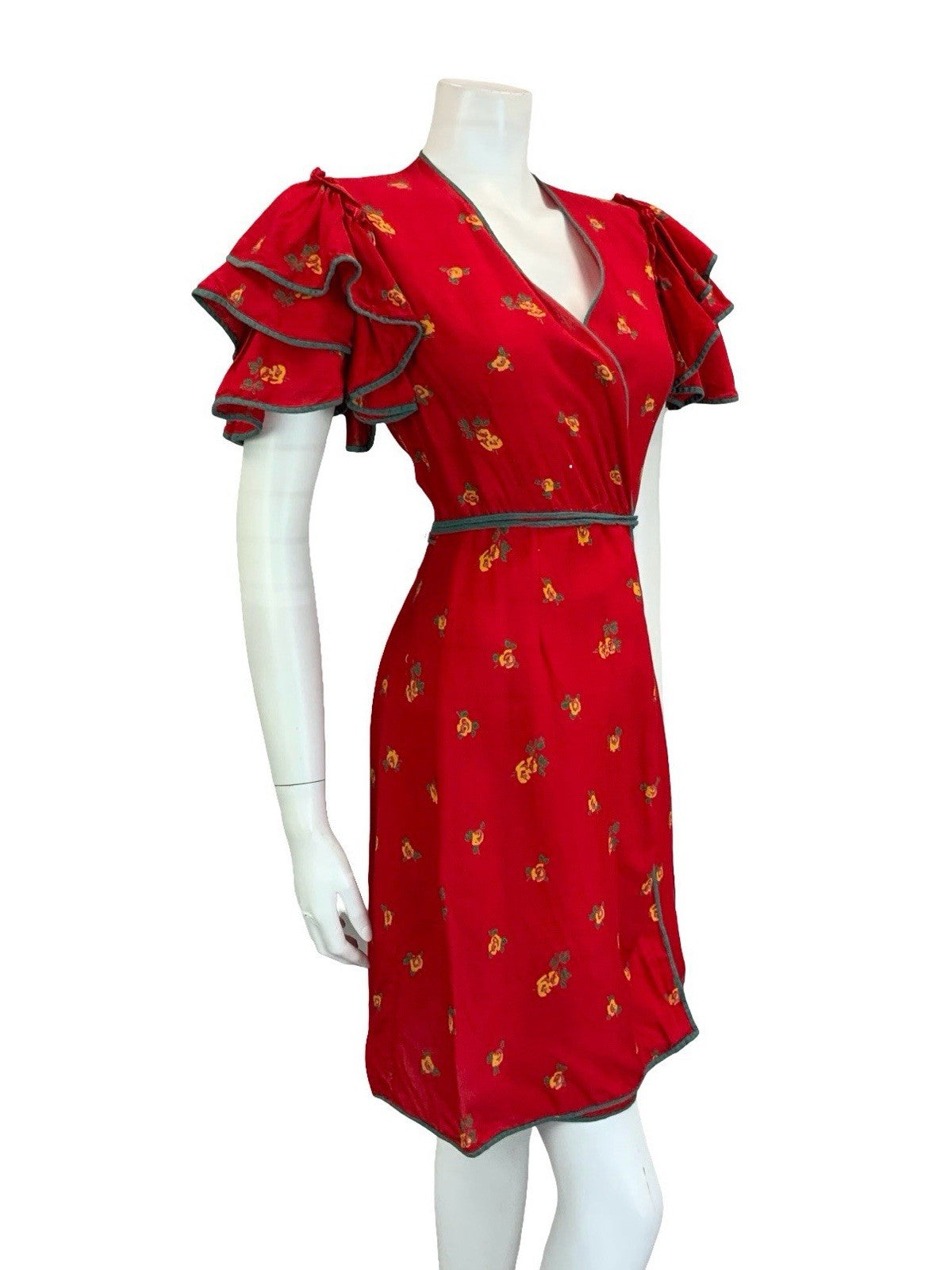 VTG 70S BOHO RED GREEN YELLOW ROSE FLORAL RUFFLE FLAMENCO SLEEVE WRAP DRESS 10