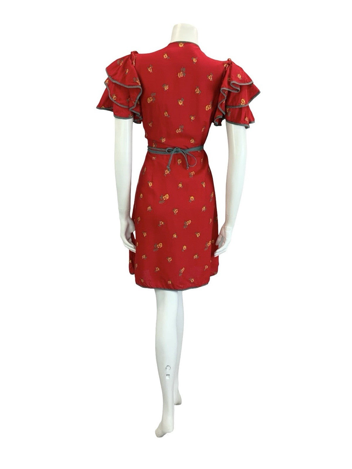 VTG 70S BOHO RED GREEN YELLOW ROSE FLORAL RUFFLE FLAMENCO SLEEVE WRAP DRESS 10