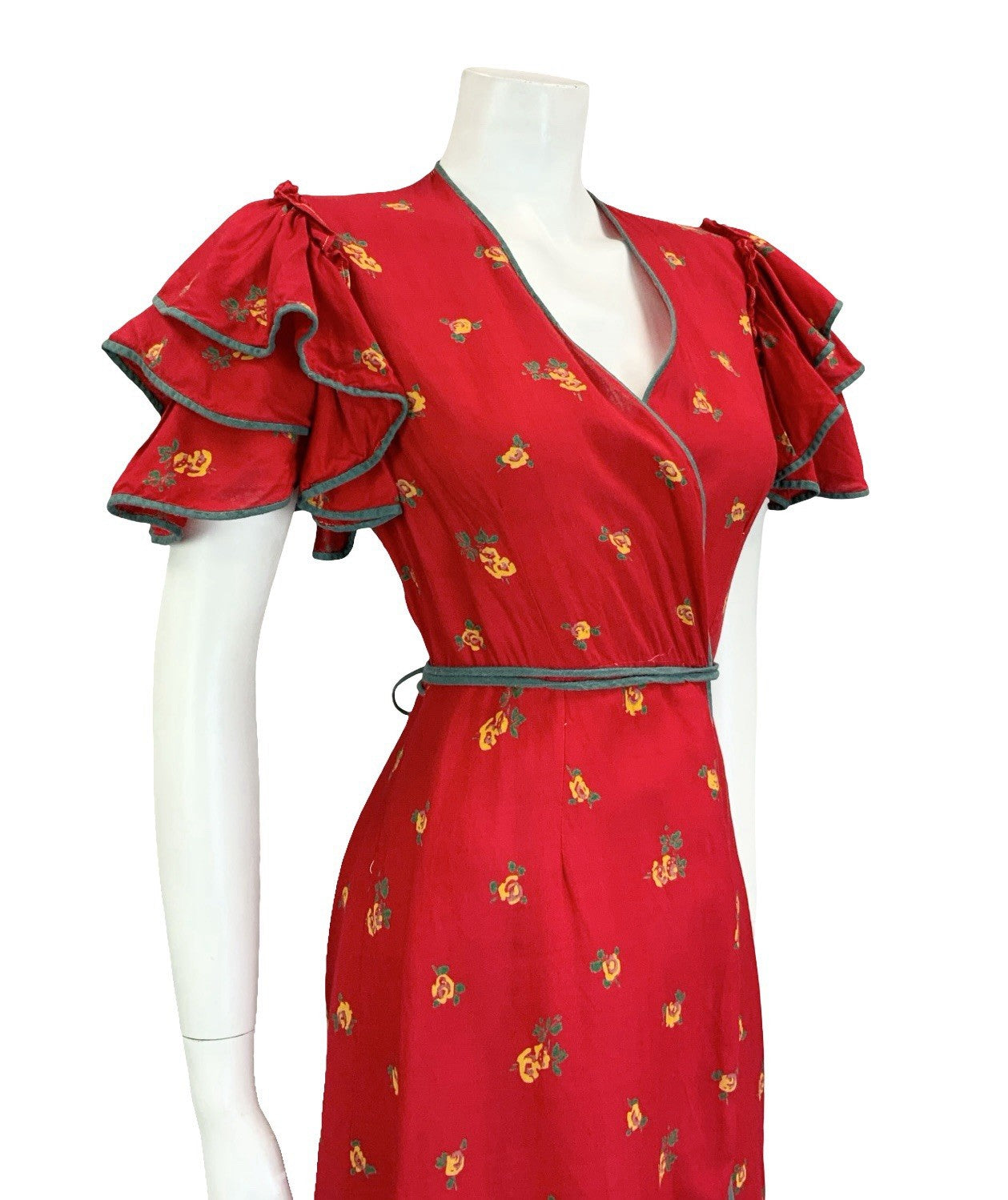 VTG 70S BOHO RED GREEN YELLOW ROSE FLORAL RUFFLE FLAMENCO SLEEVE WRAP DRESS 10