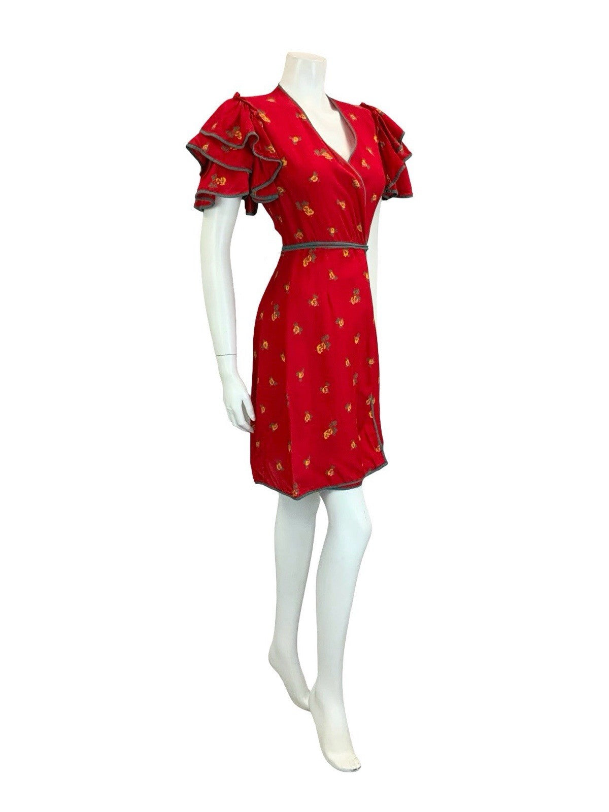 VTG 70S BOHO RED GREEN YELLOW ROSE FLORAL RUFFLE FLAMENCO SLEEVE WRAP DRESS 10